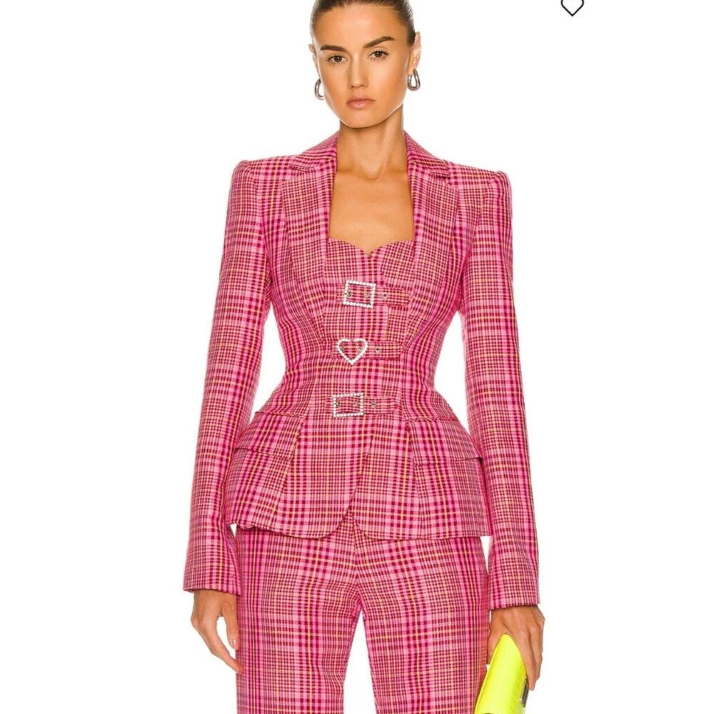 AREA NYC Crystal Heart Buckle Hourglass Blazer - Pink Plaid - US 8